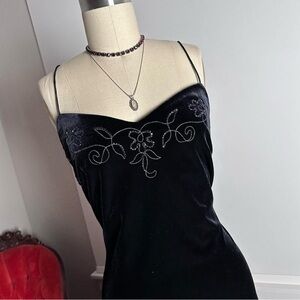 Black Velvet Spaghetti Strap Dress with Floral Embroidery